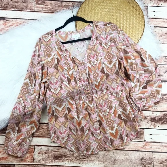 J. Jill Pink and Brown Geometric Blouse - Picture 1 of 8